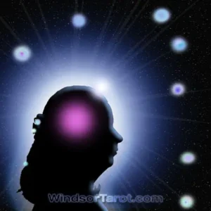 Woman face silhouette with orbs a few around her head. Basic Tarot reading.