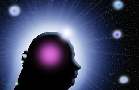 Woman face silhouette with orbs a few around her head. Basic Tarot reading.