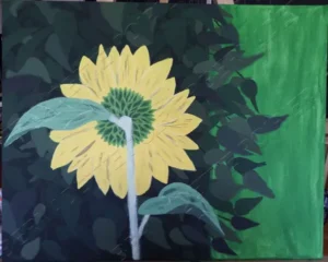 Painting of Back of Sunflower. Adaptation of original photograph of sunflower back in front of bush. Art.