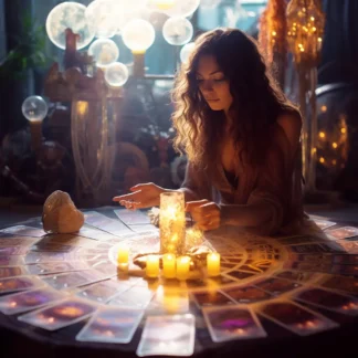 Woman with flowing hair sitting at table doing tarot card reading with candles